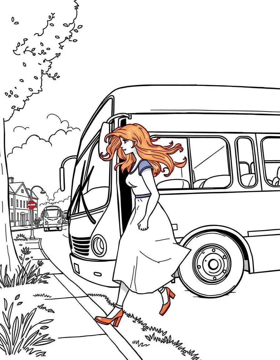 A bus stops in the quiet town of Ashgrove. Elise steps off with her red hair blowing in the wind.