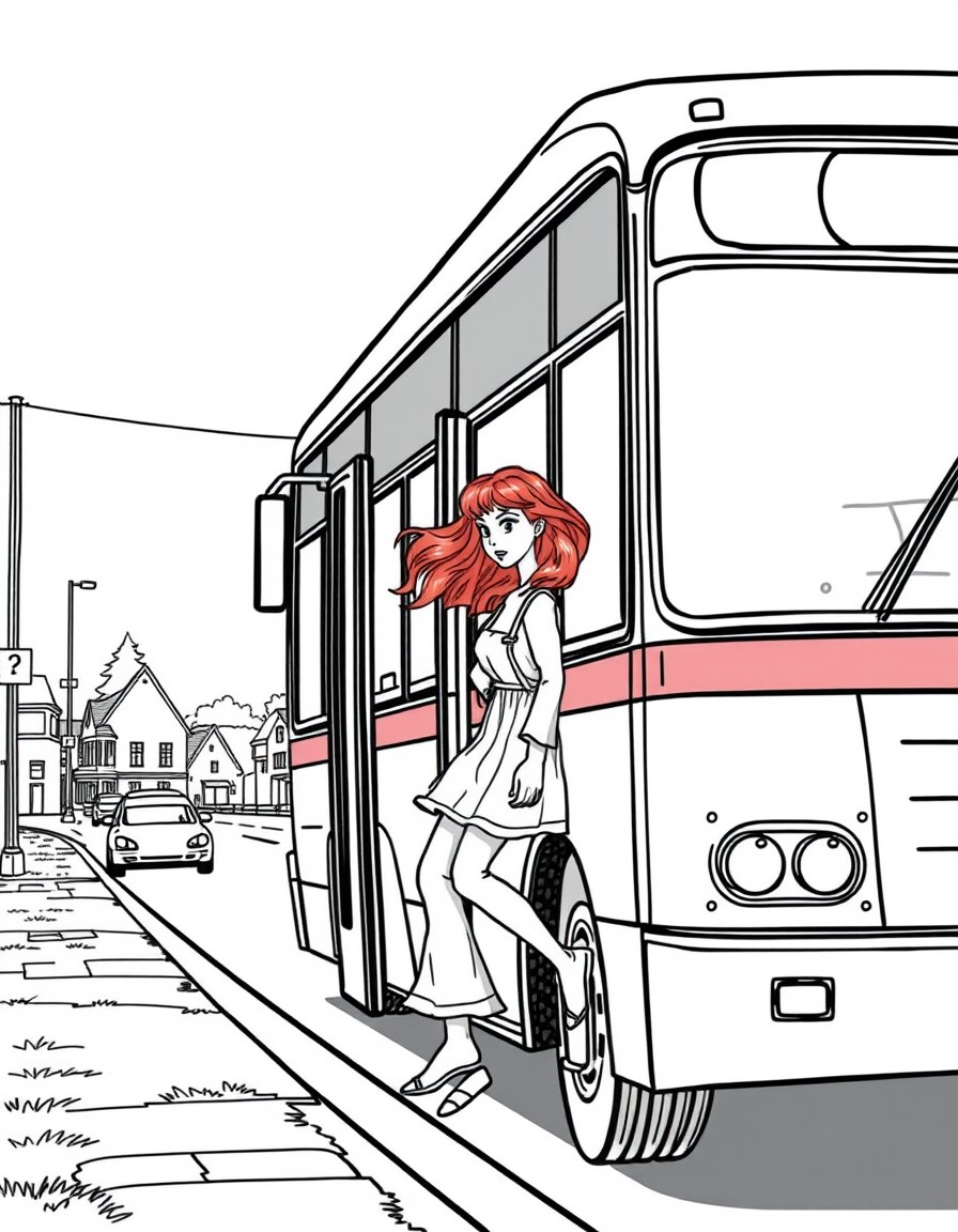 A bus stops in the quiet town of Ashgrove. Elise steps off with her red hair blowing in the wind.