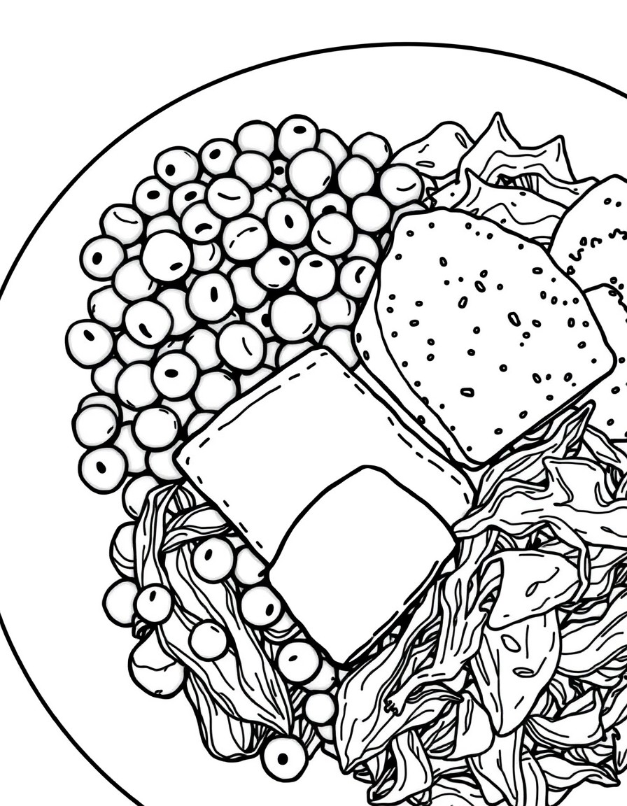 A plate with black-eyed peas, collard greens, porkham, and cornbread