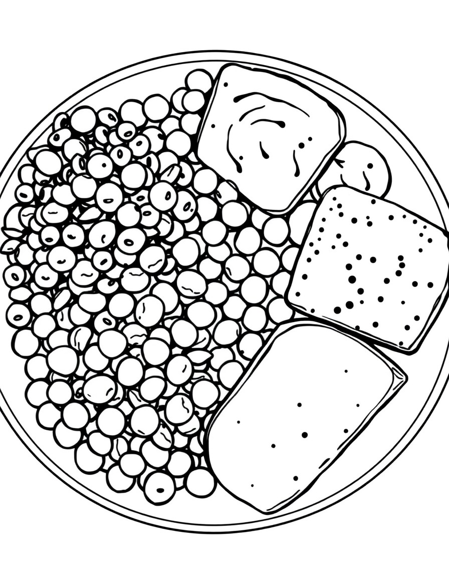 A plate with black-eyed peas, collard greens, porkham, and cornbread