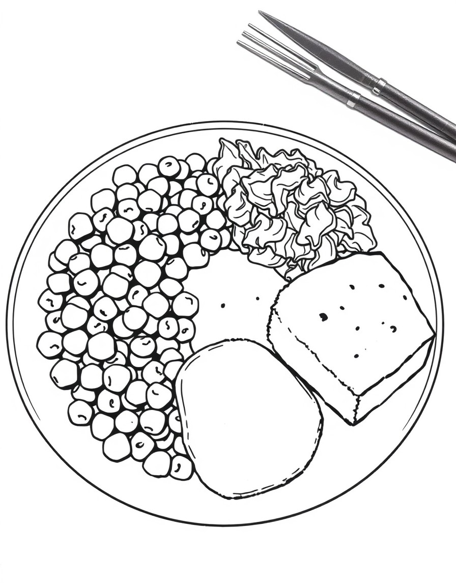 A plate with black-eyed peas, collard greens, porkham, and cornbread