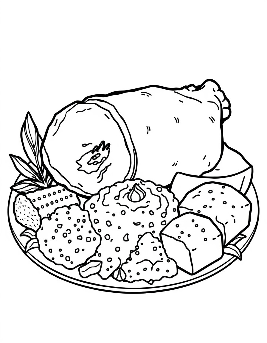 Fried turkey, ham, mashed potatoes, corn bread, and dressing