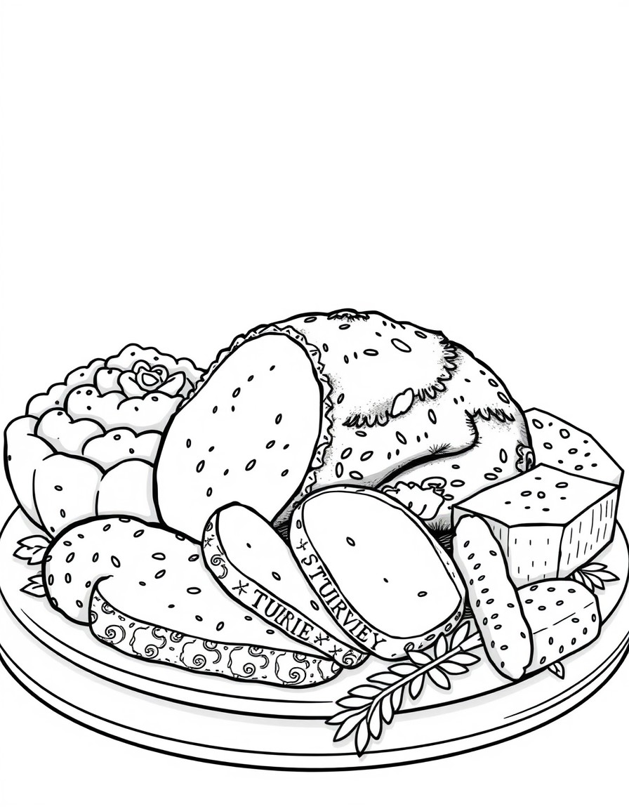 Fried turkey, ham, mashed potatoes, corn bread, and dressing