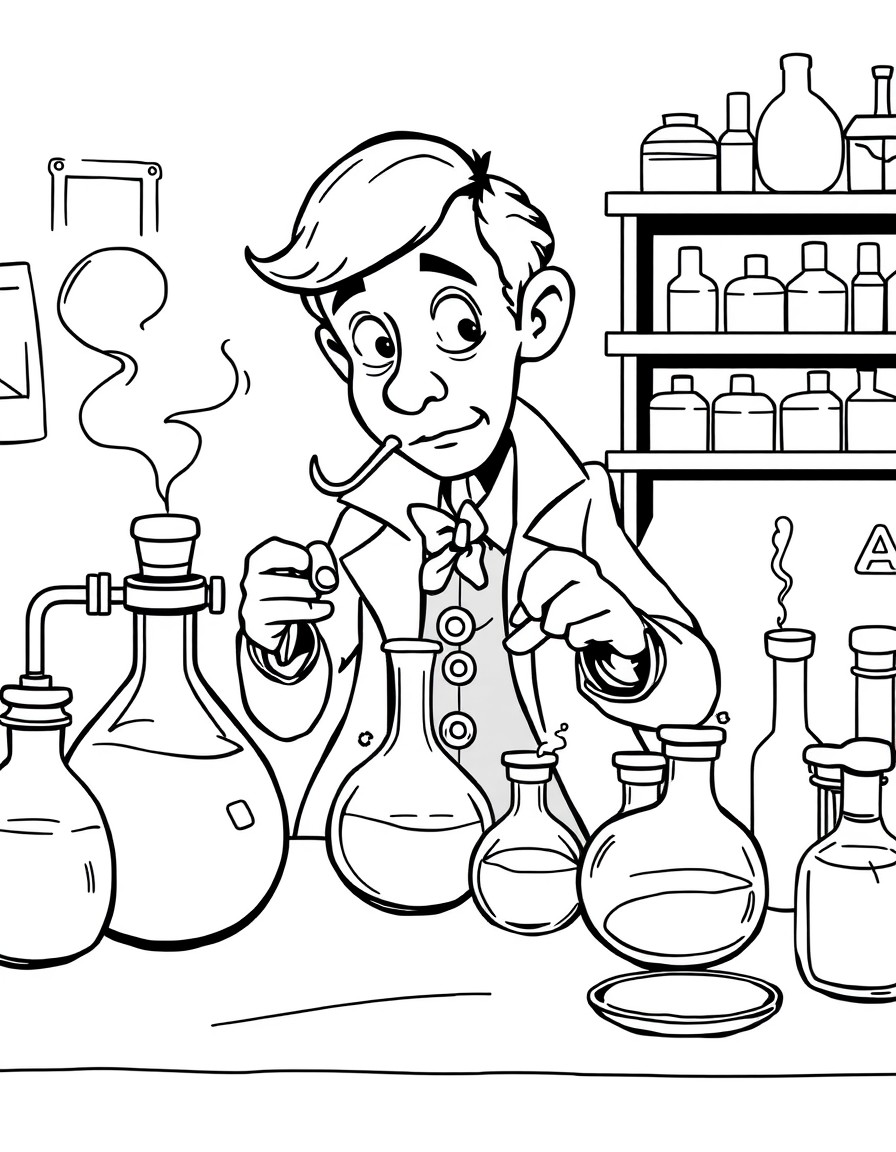 Black and white coloring book for children. A clear and detailed drawing of a cute cartoon Sherlock Holmes conducts a risky experiment in his home laboratory flasks of steaming liquids, vials. Watson