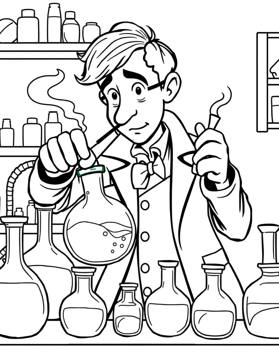 Black and white coloring book for children. A clear and detailed drawing of a cute cartoon Sherlock Holmes conducts a risky experiment in his home laboratory flasks of steaming liquids, vials. Watson