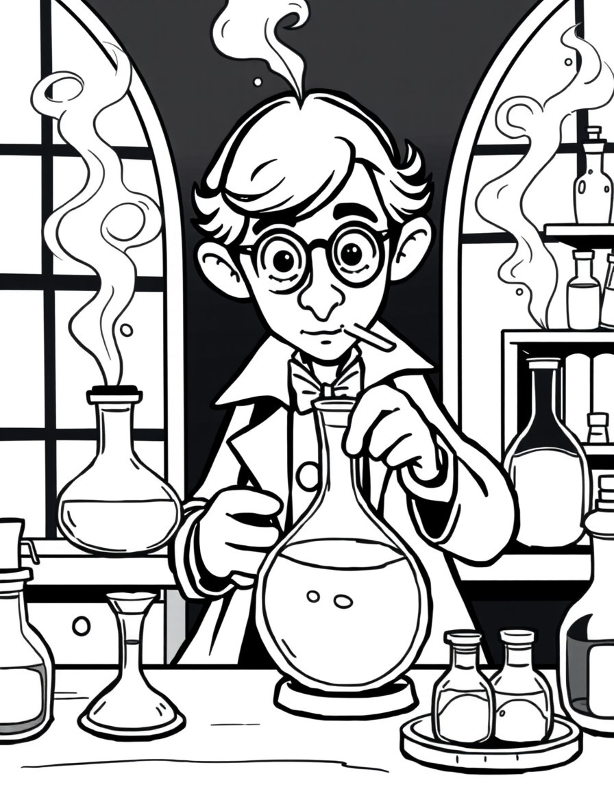 Black and white coloring book for children. A clear and detailed drawing of a cute cartoon Sherlock Holmes conducts a risky experiment in his home laboratory flasks of steaming liquids, vials. Watson