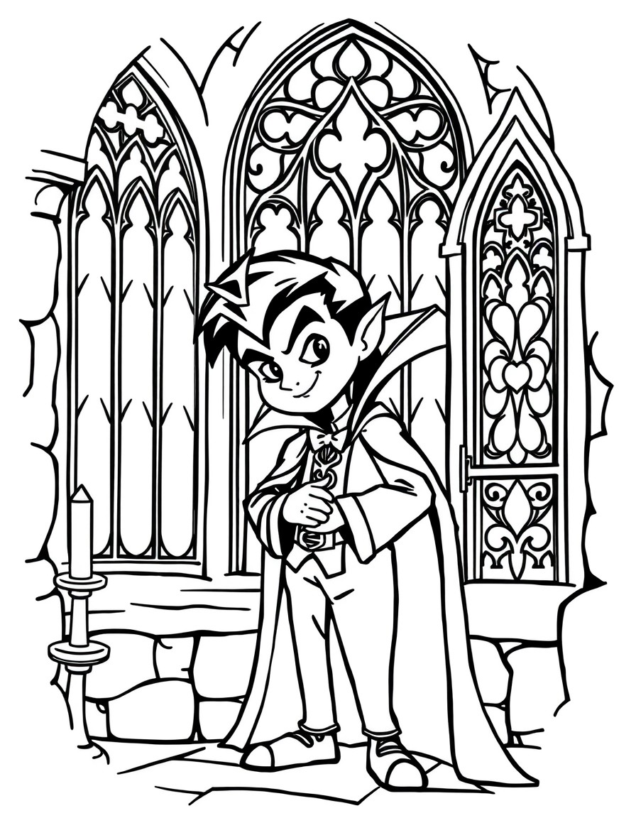 Black and white coloring book for children. A clear and detailed drawing of a cute cartoon Count Dracula in his Gothic castle preparing for a ball. He is standing at a large stained glass window with