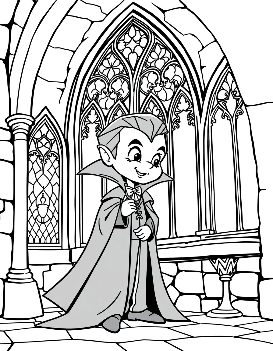 Black and white coloring book for children. A clear and detailed drawing of a cute cartoon Count Dracula in his Gothic castle preparing for a ball. He is standing at a large stained glass window with