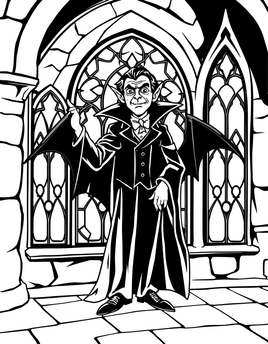 Black and white coloring book for children. A clear and detailed drawing of a cute cartoon Count Dracula in his Gothic castle preparing for a ball. He is standing at a large stained glass window with