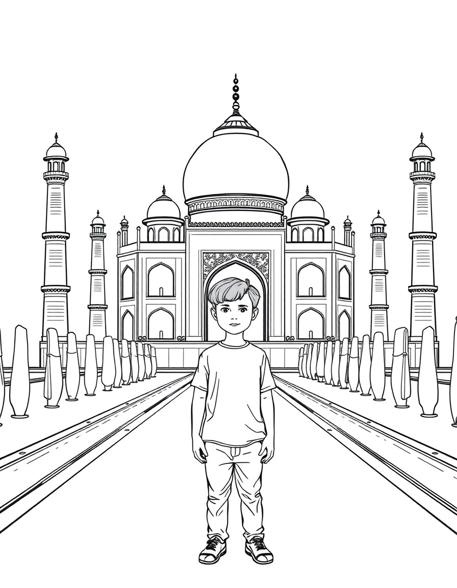 A young boy standing in front of taj mahal
