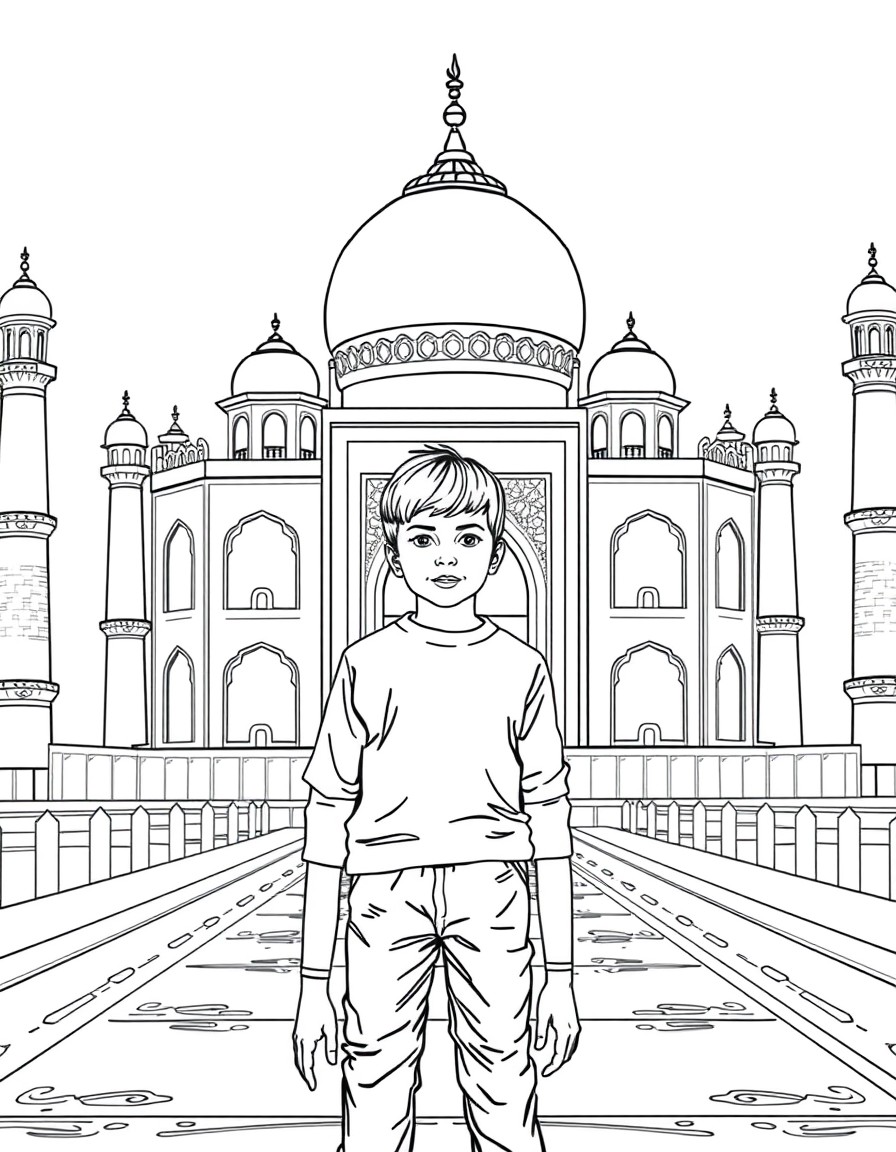 A young boy standing in front of taj mahal
