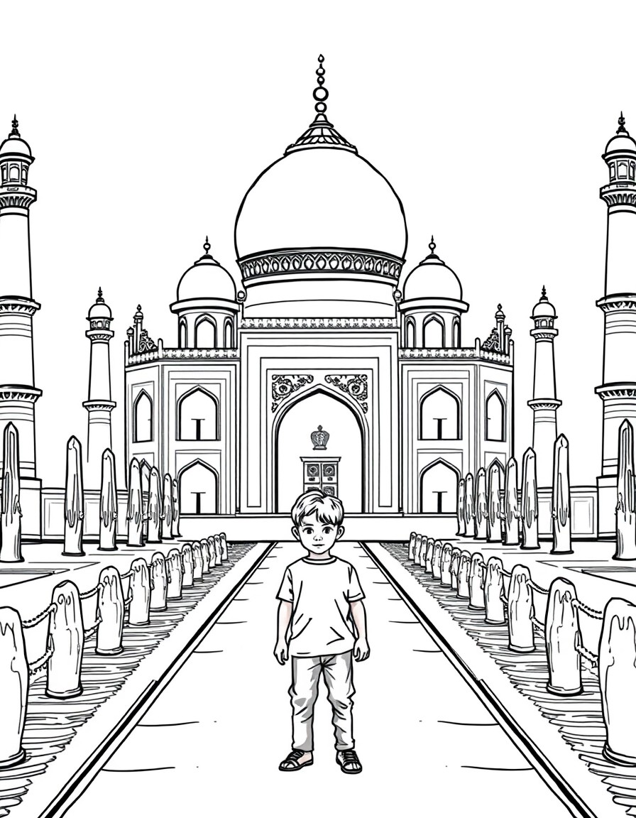 A young boy standing in front of taj mahal