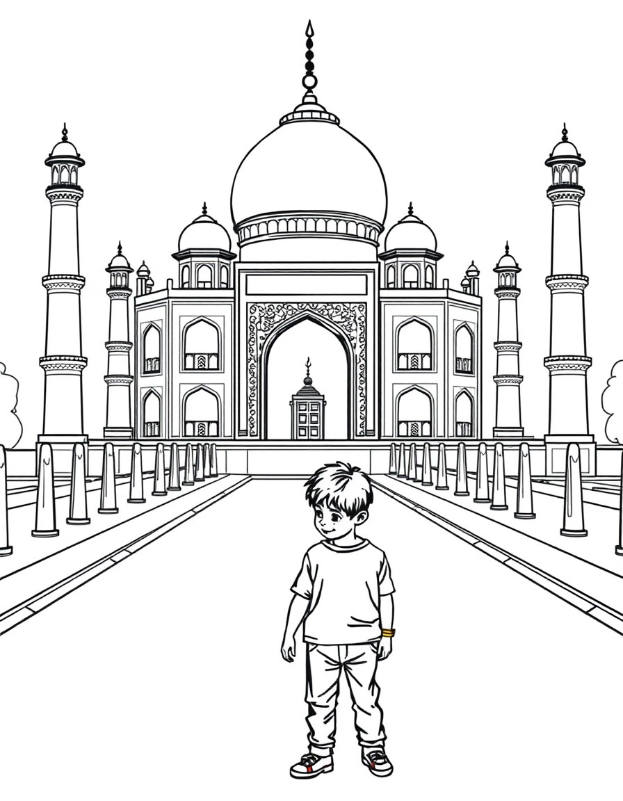 A young boy standing in front of taj mahal