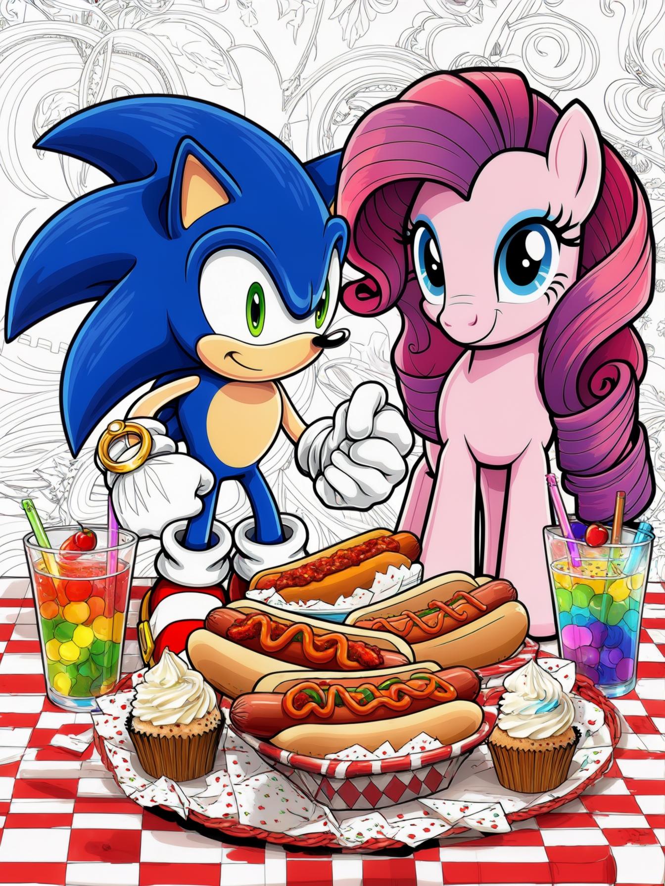 Sonic the Hedgehog and Pinkie pie enjoying chilidogs and cupcakes