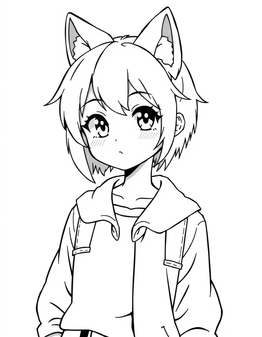 A cute anime woman with a wolf cut hairstyle and a preppy outfit