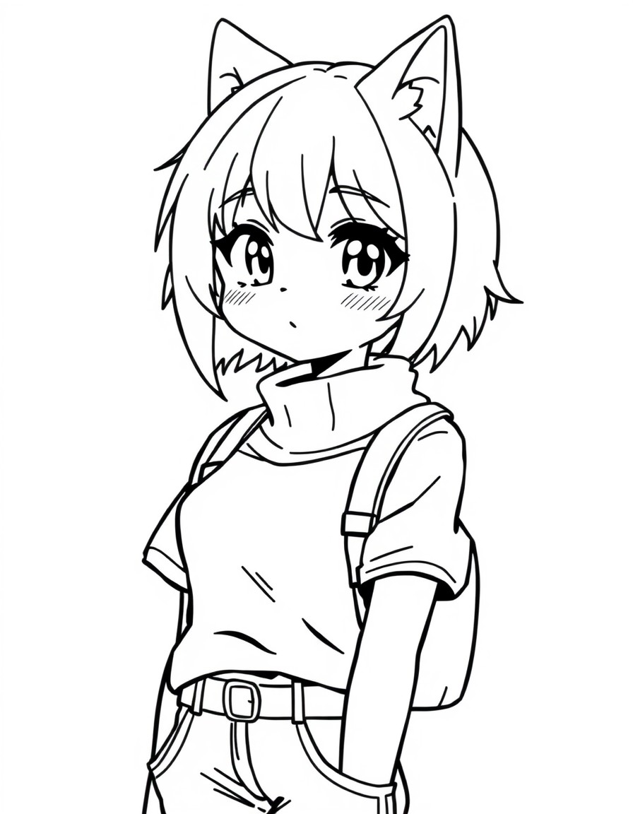 A cute anime woman with a wolf cut hairstyle and a preppy outfit