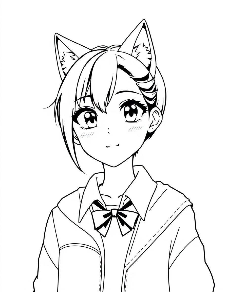 A cute anime woman with a wolf cut hairstyle and a preppy outfit