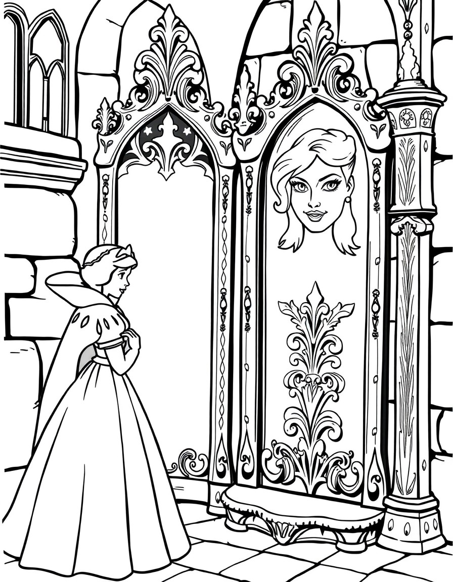 Snow White and the Mirror A beautiful Snow White in a medieval castle, standing near a tall mirror, with intricate carvings and the magical face in the mirror glowing faintly.