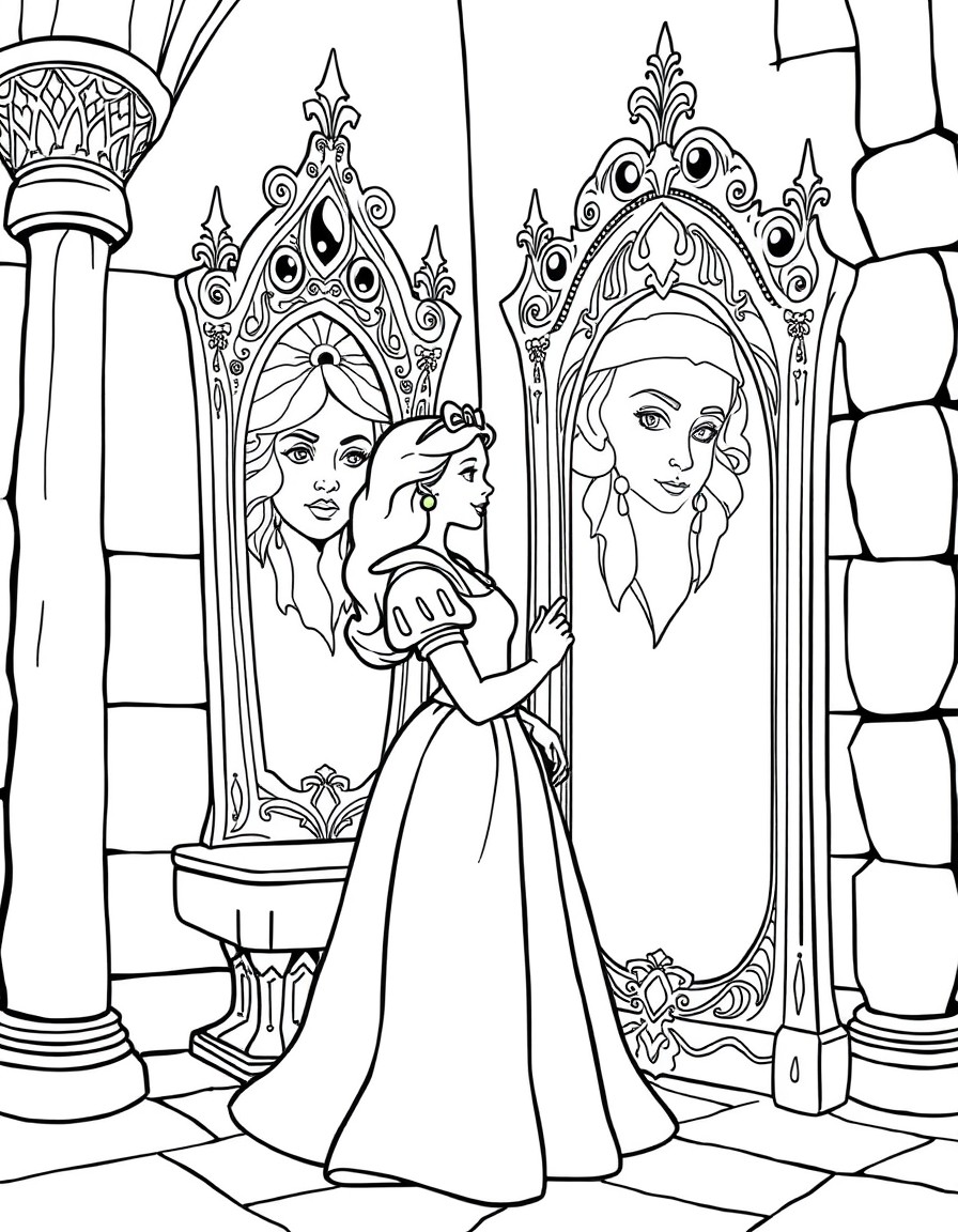 Snow White and the Mirror A beautiful Snow White in a medieval castle, standing near a tall mirror, with intricate carvings and the magical face in the mirror glowing faintly.