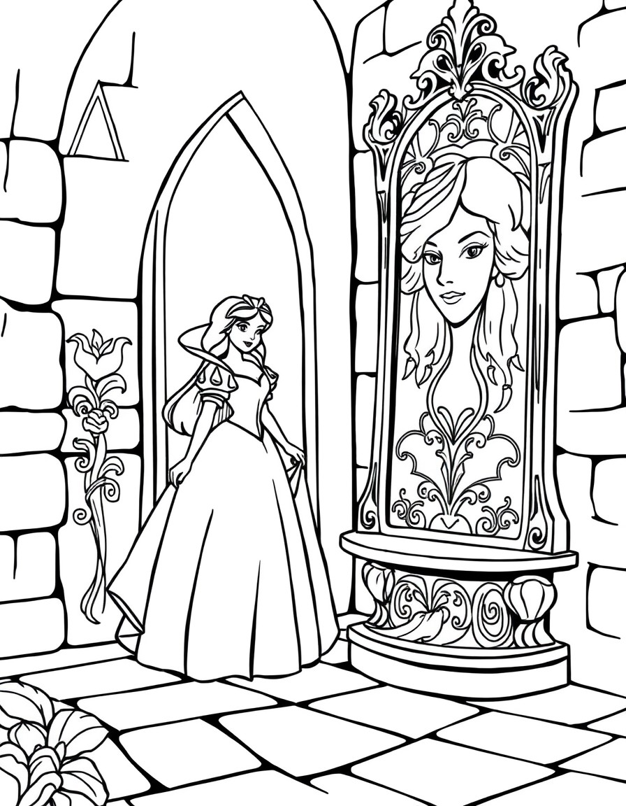 Snow White and the Mirror A beautiful Snow White in a medieval castle, standing near a tall mirror, with intricate carvings and the magical face in the mirror glowing faintly.