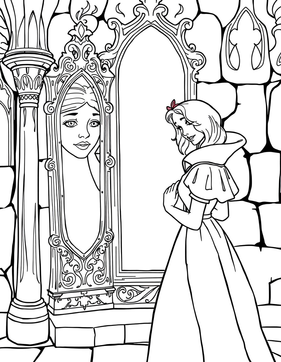 Snow White and the Mirror A beautiful Snow White in a medieval castle, standing near a tall mirror, with intricate carvings and the magical face in the mirror glowing faintly.