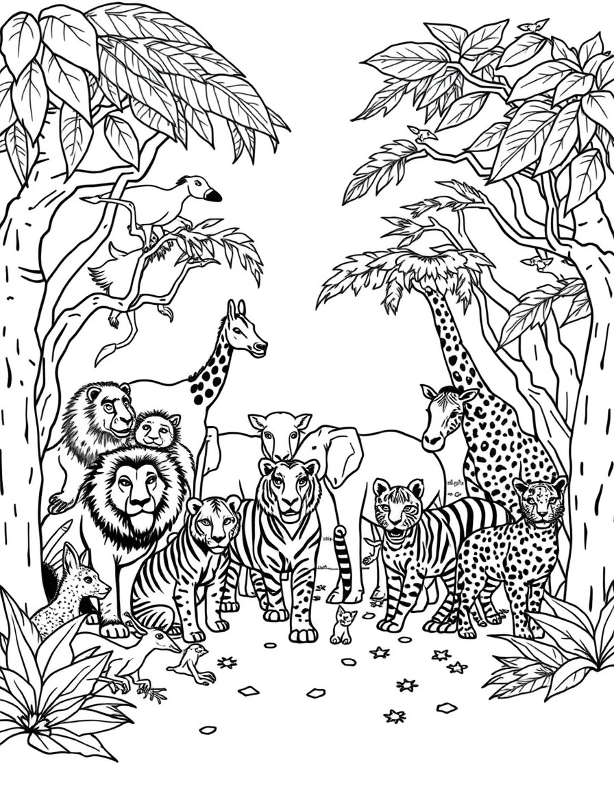 detailed cover page featuring groups of animals in a jungle setting. The scene includes lions, tigers, elephants, giraffes, zebras, kangaroos, pandas, gorillas, cheetahs, rhinoceroses, leopards, and b