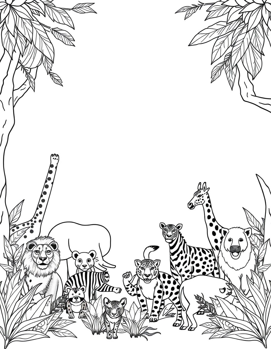 detailed cover page featuring groups of animals in a jungle setting. The scene includes lions, tigers, elephants, giraffes, zebras, kangaroos, pandas, gorillas, cheetahs, rhinoceroses, leopards, and b