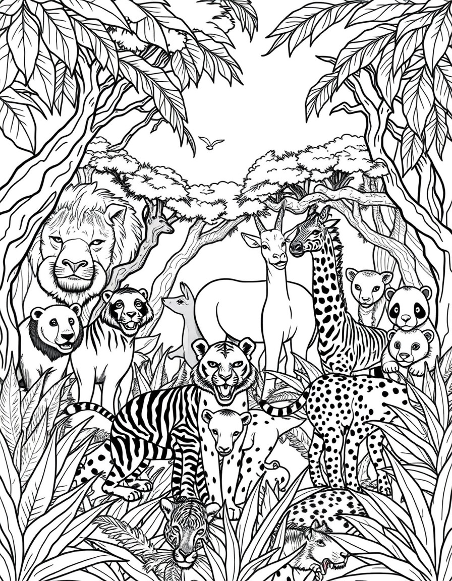 detailed cover page featuring groups of animals in a jungle setting. The scene includes lions, tigers, elephants, giraffes, zebras, kangaroos, pandas, gorillas, cheetahs, rhinoceroses, leopards, and b