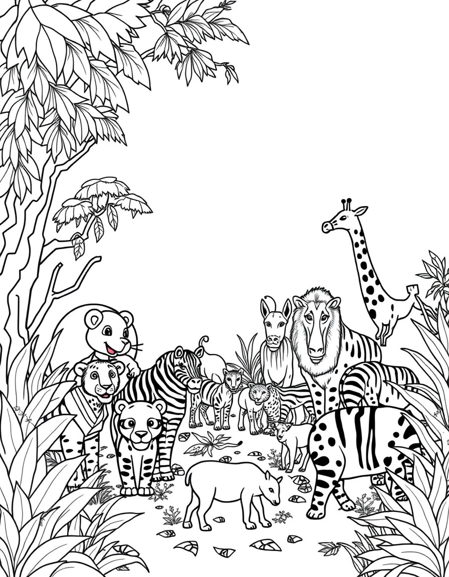 detailed cover page featuring groups of animals in a jungle setting. The scene includes lions, tigers, elephants, giraffes, zebras, kangaroos, pandas, gorillas, cheetahs, rhinoceroses, leopards, and b