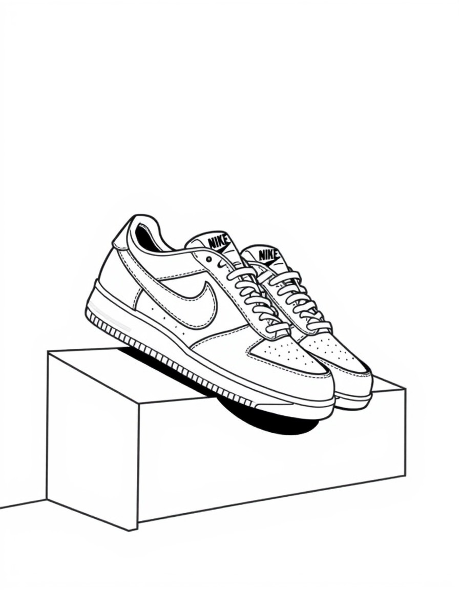 a pair of low sneakers, sitting on a step, with nike logo, one stand, one lay down, coloring book style, outline only