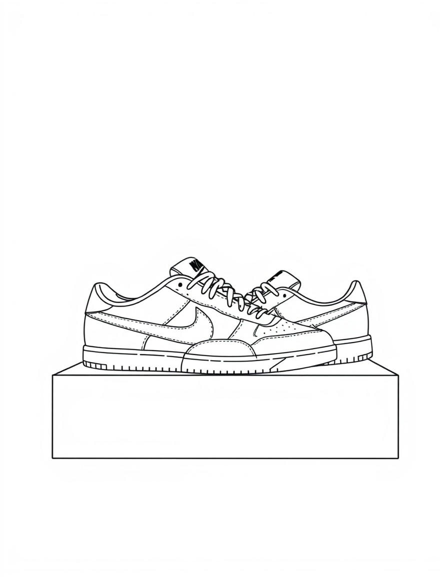 a pair of low sneakers, sitting on a step, with nike logo, one stand, one lay down, coloring book style, outline only