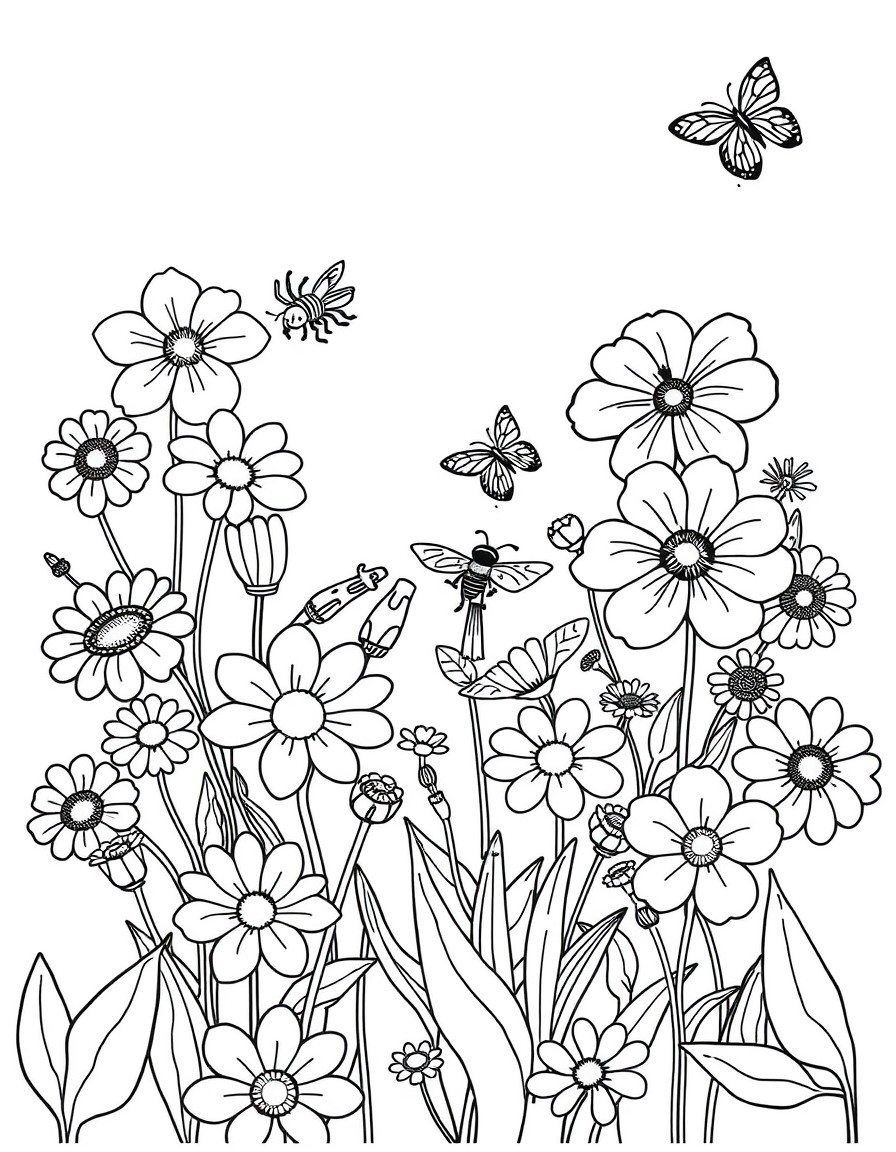 create a page chock full of beautiful flowers with a few flower-loving insects added in