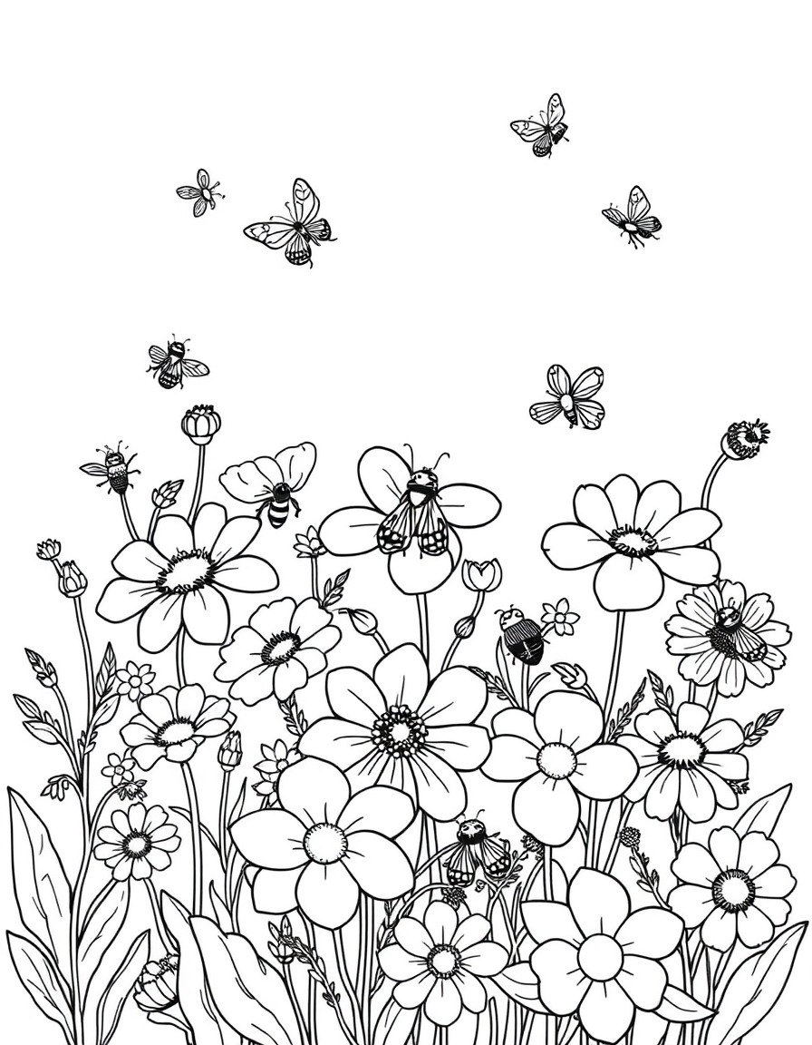 create a page chock full of beautiful flowers with a few flower-loving insects added in