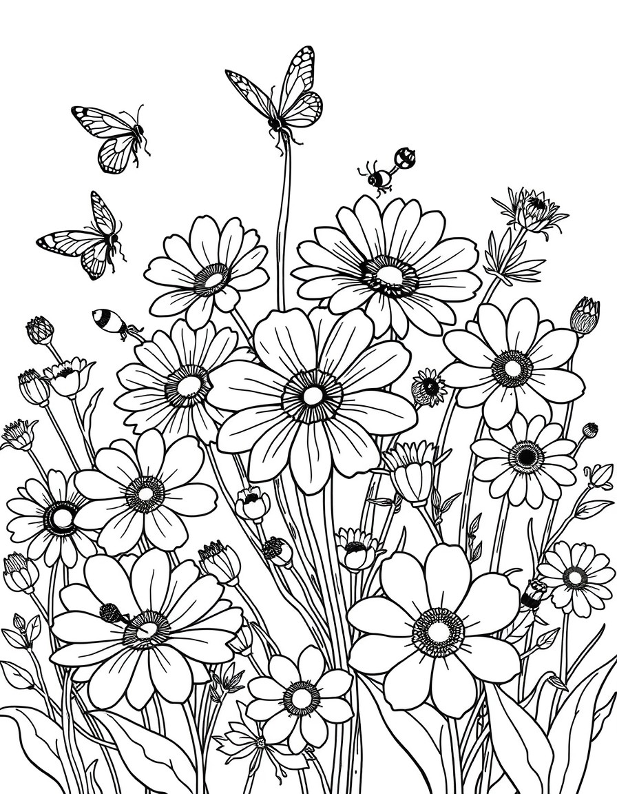 create a page chock full of beautiful flowers with a few flower-loving insects added in