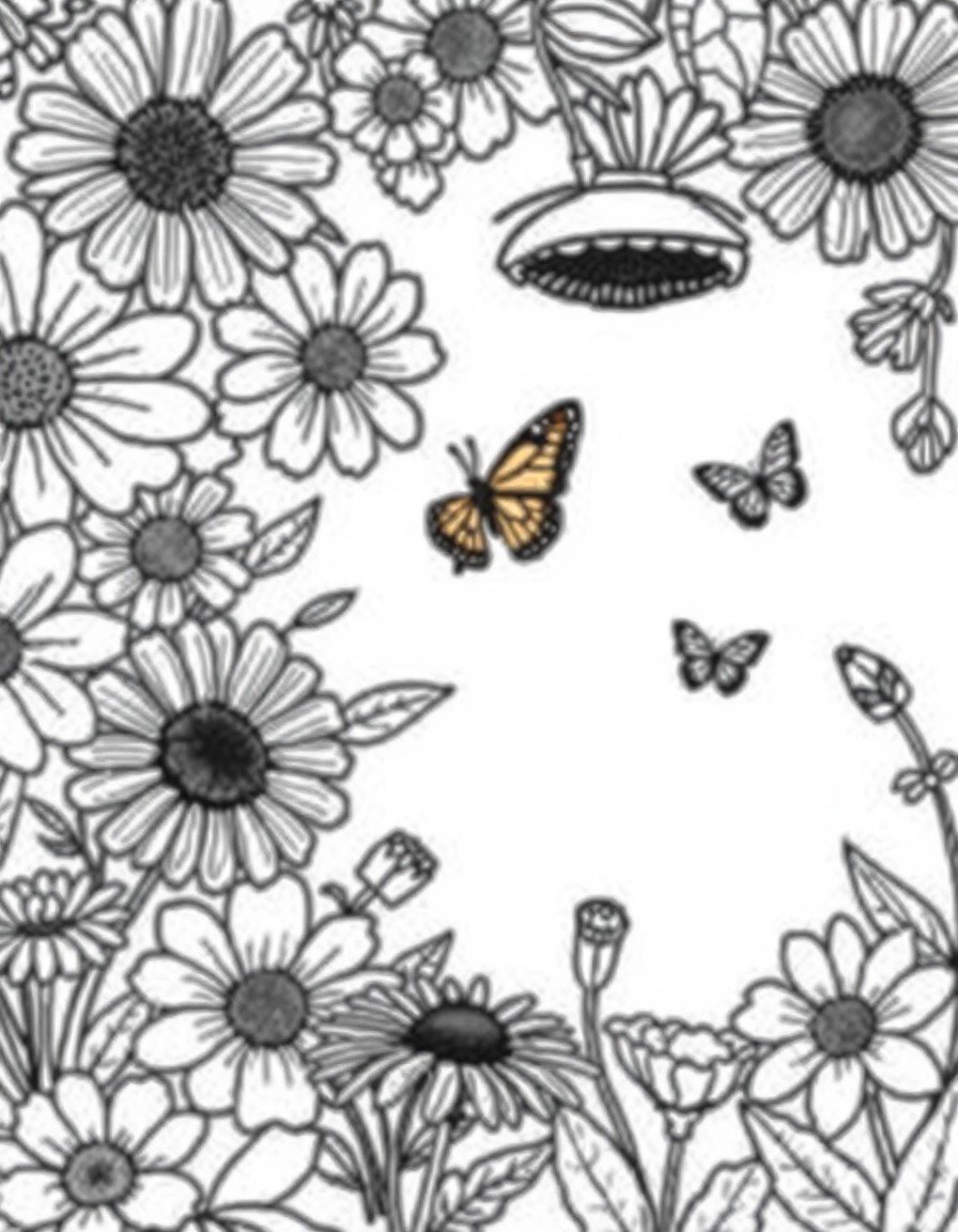 create a coloring page completely filled with different kinds of flowers with a few butterflies and bumb