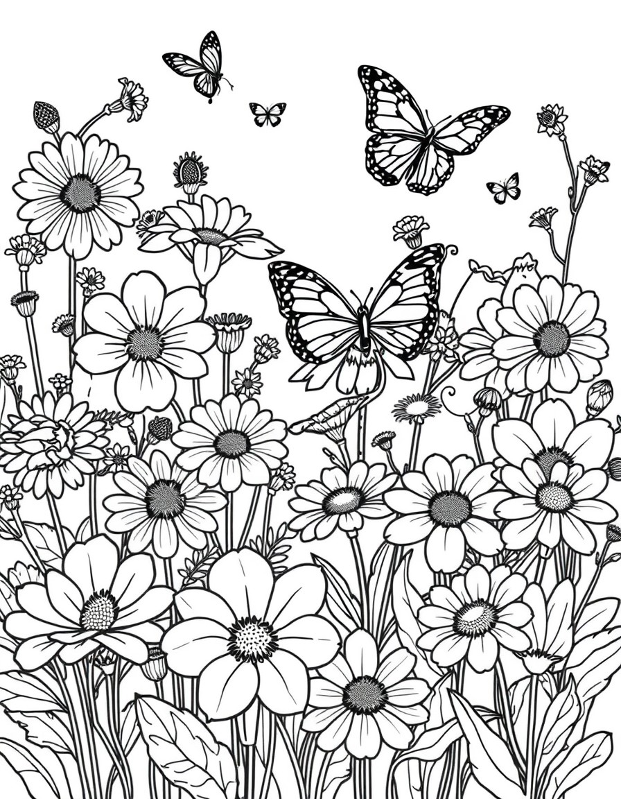 create a coloring page completely filled with different kinds of flowers with a few butterflies and bumb