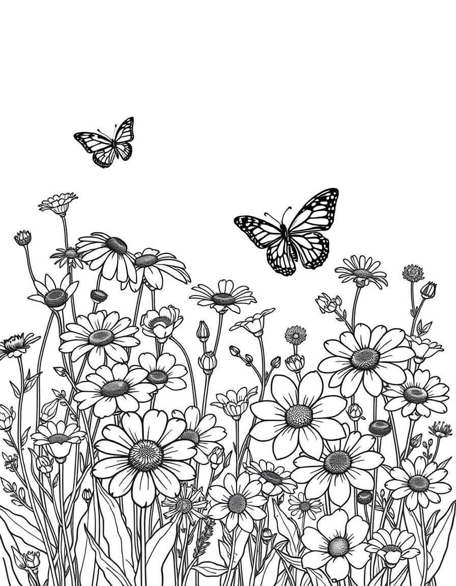 create a coloring page completely filled with different kinds of flowers with a few butterflies and bumb