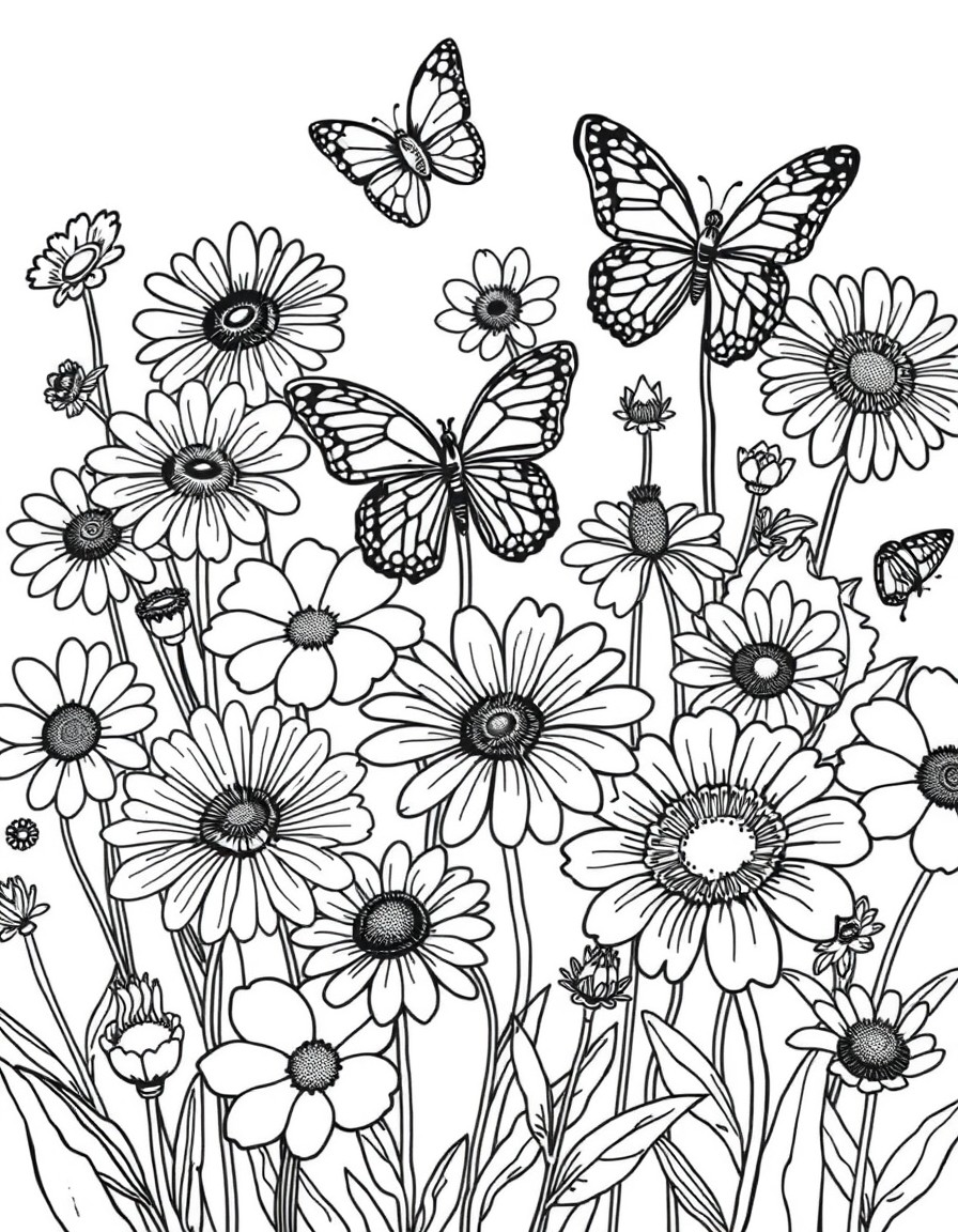 create a coloring page completely filled with different kinds of flowers with a few butterflies and bumb