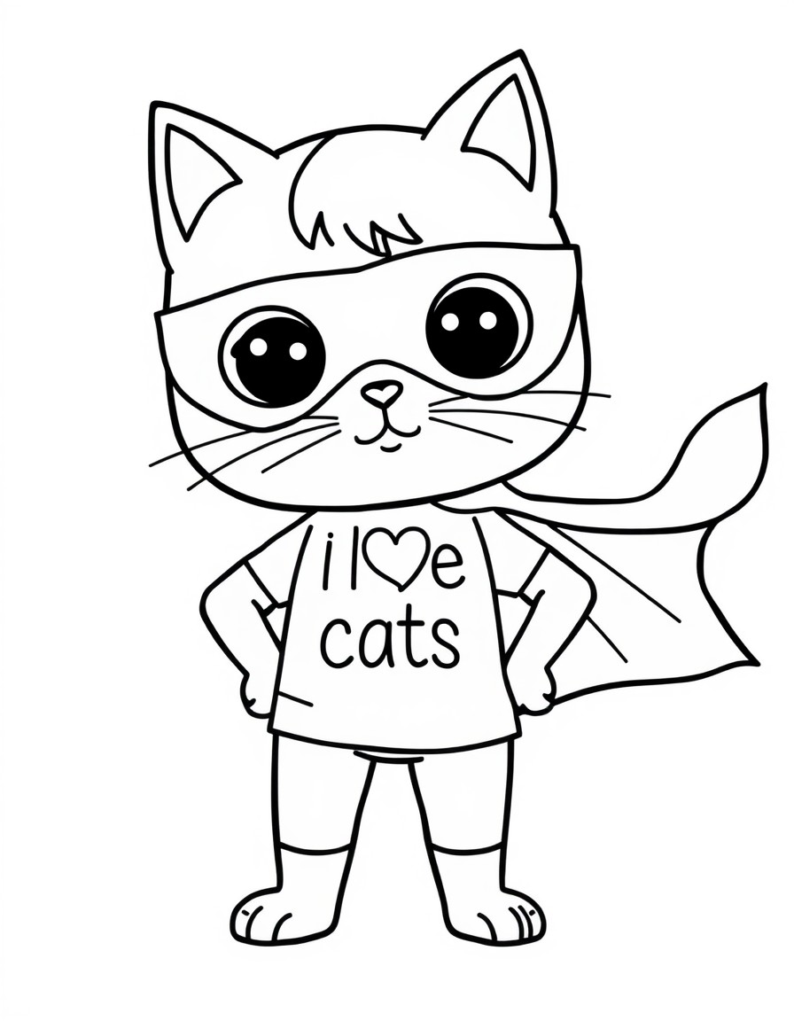 cute tiny superhero with sentence "I love cats" on it's shirt