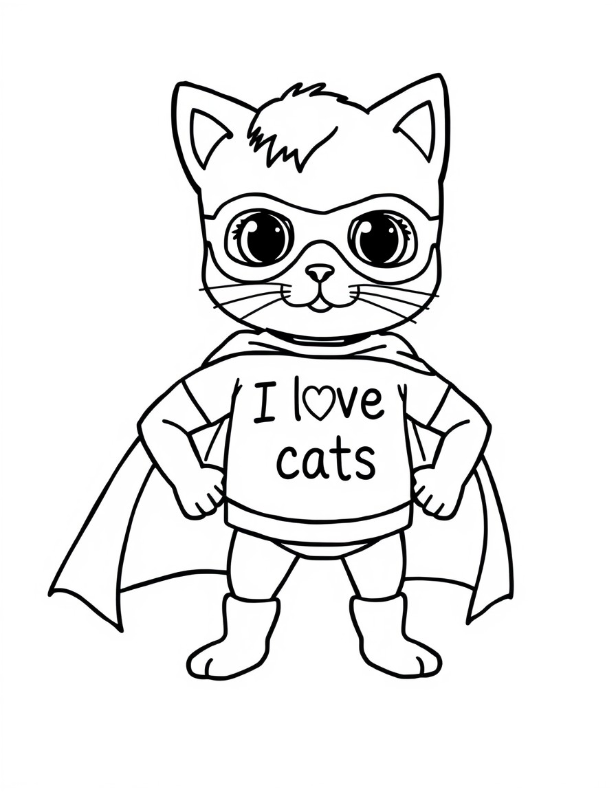 cute tiny superhero with sentence "I love cats" on it's shirt