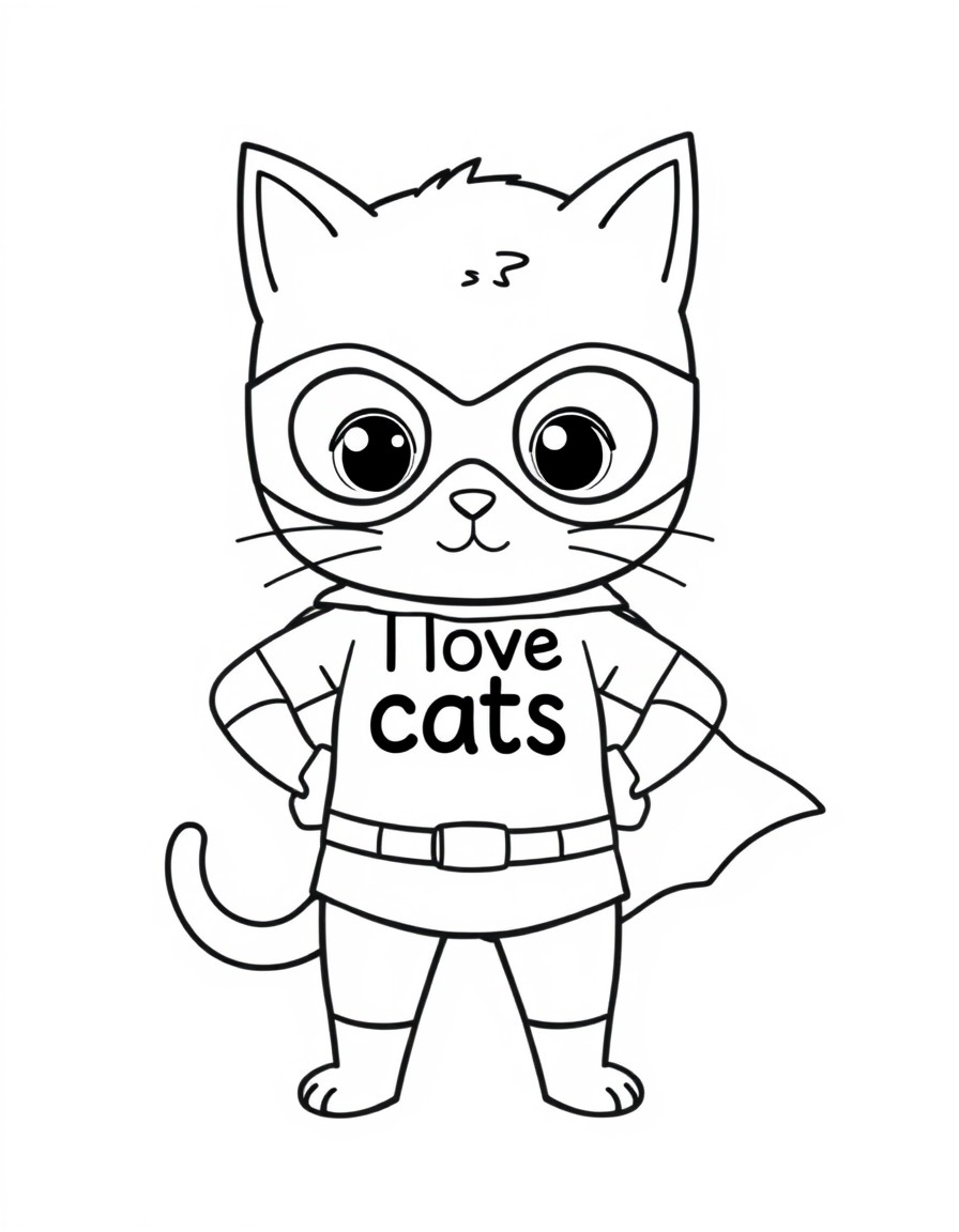 cute tiny superhero with sentence "I love cats" on it's shirt