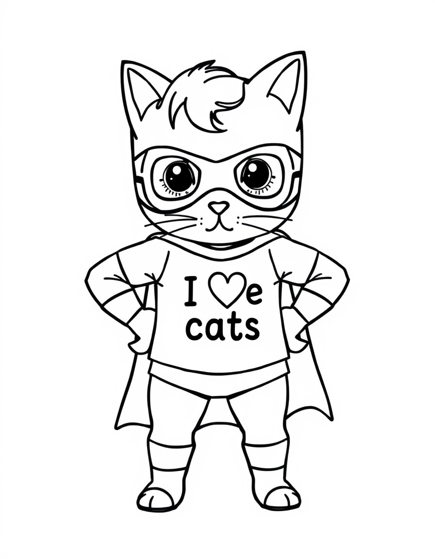 cute tiny superhero with sentence "I love cats" on it's shirt