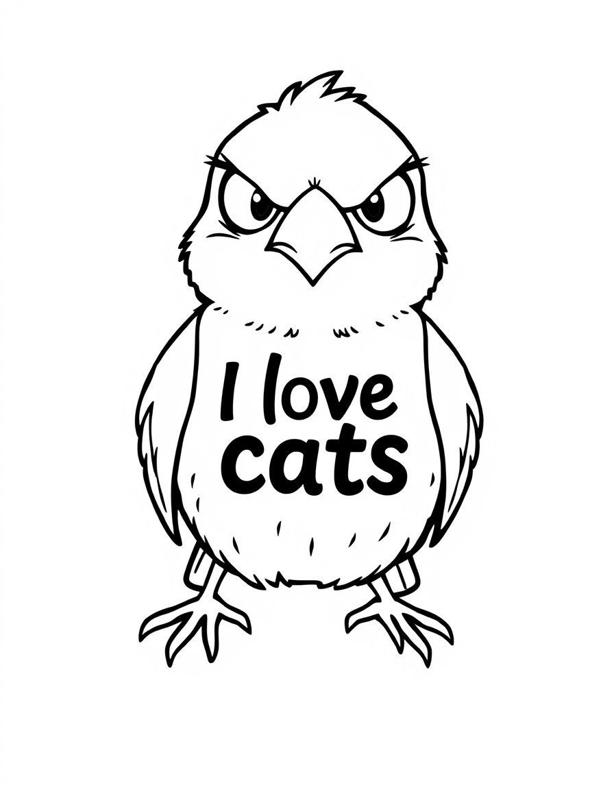 cute tiny angry bird with sentence "I love cats" on it's chest