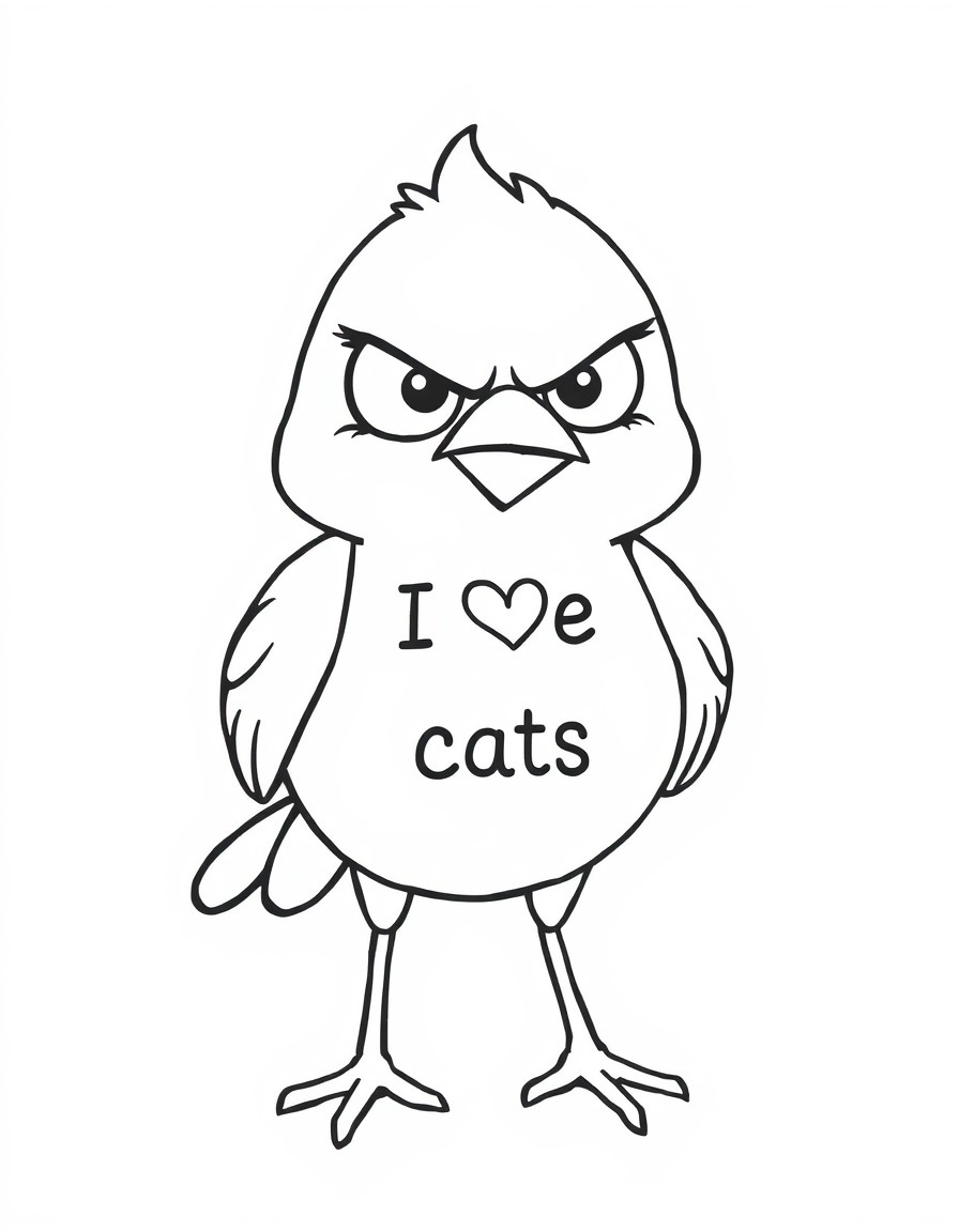 cute tiny angry bird with sentence "I love cats" on it's chest