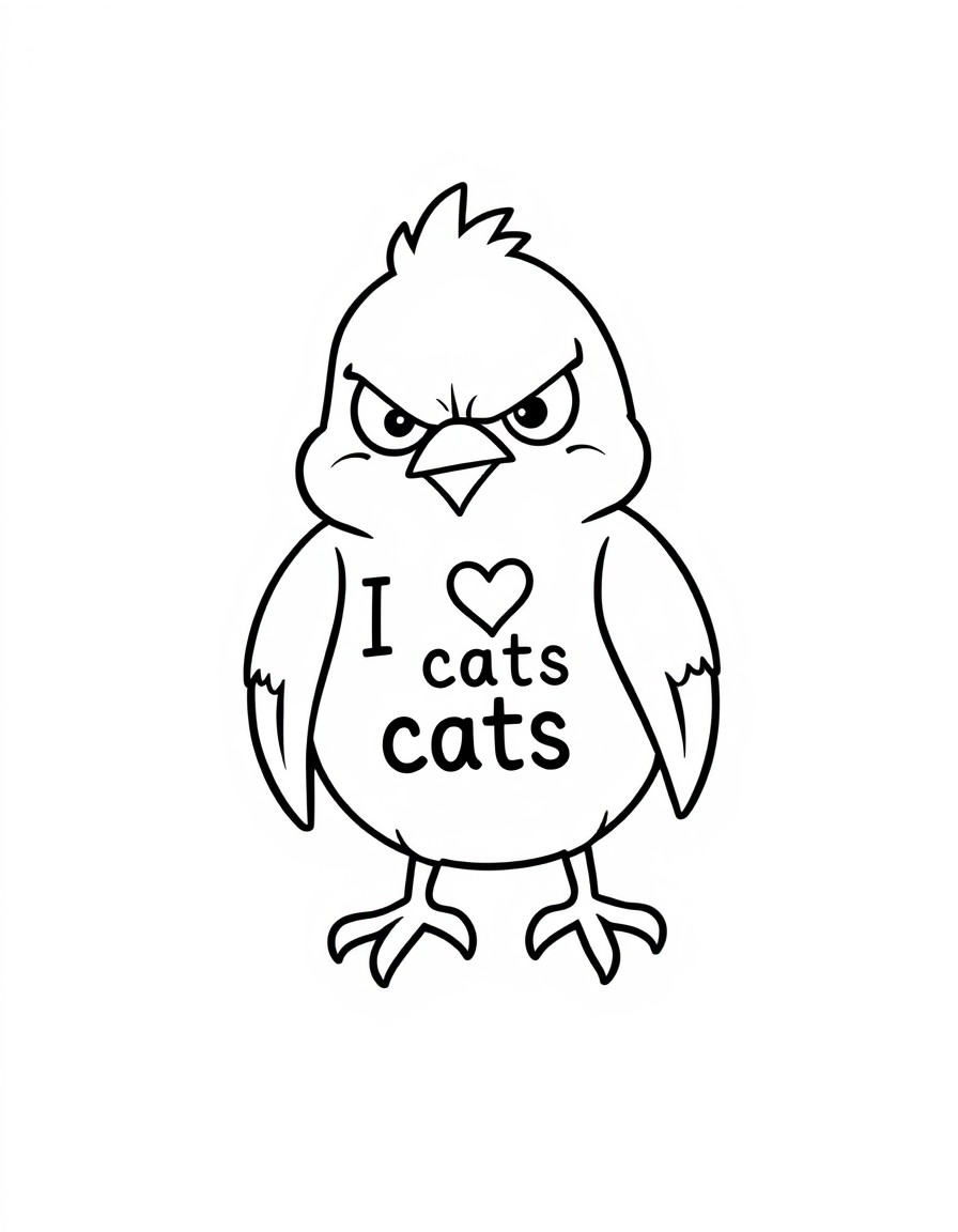 cute tiny angry bird with sentence "I love cats" on it's chest