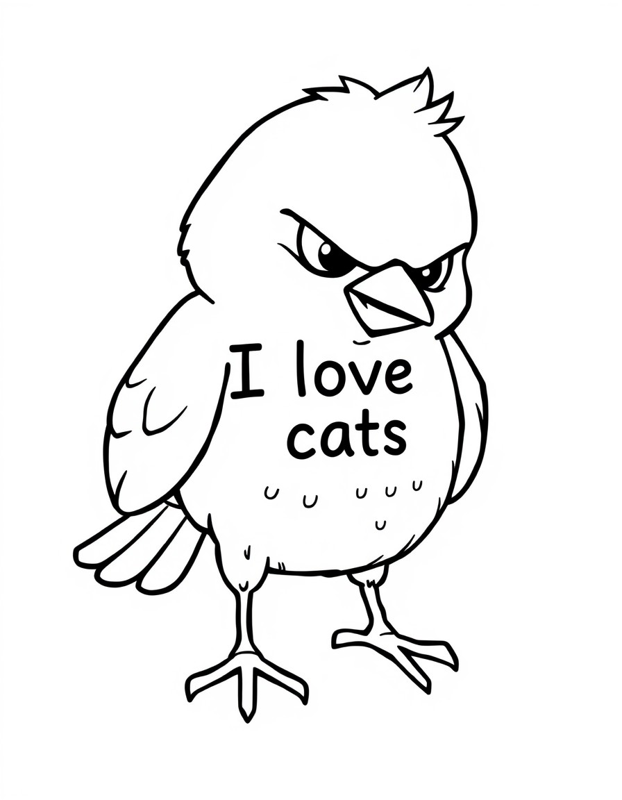 cute tiny angry bird with sentence "I love cats" on it's chest