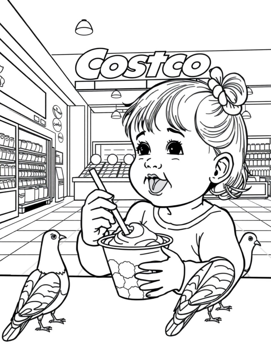 A 16 month old little girl trying a Costco yogurt for the first time in the food court and enjoying it. The food court is outside and there are pigeons waiting to eat any food that's fallen off.