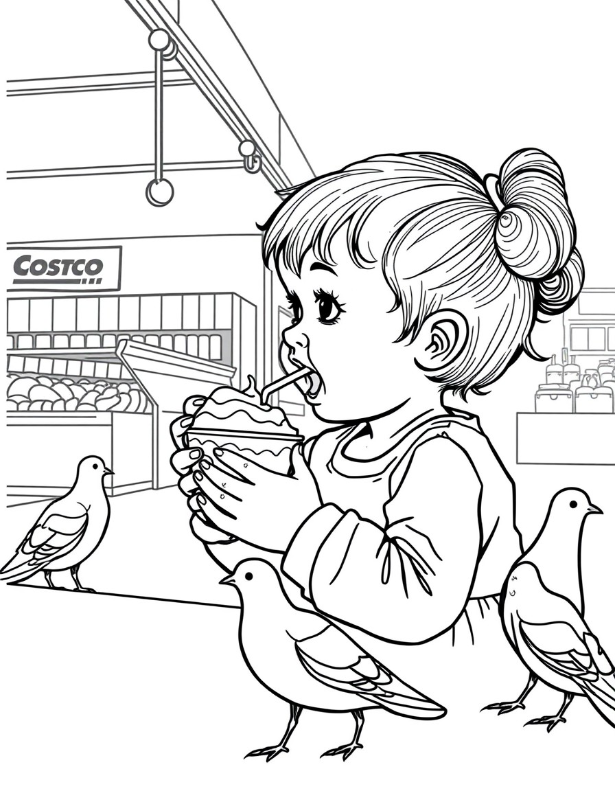 A 16 month old little girl trying a Costco yogurt for the first time in the food court and enjoying it. The food court is outside and there are pigeons waiting to eat any food that's fallen off.