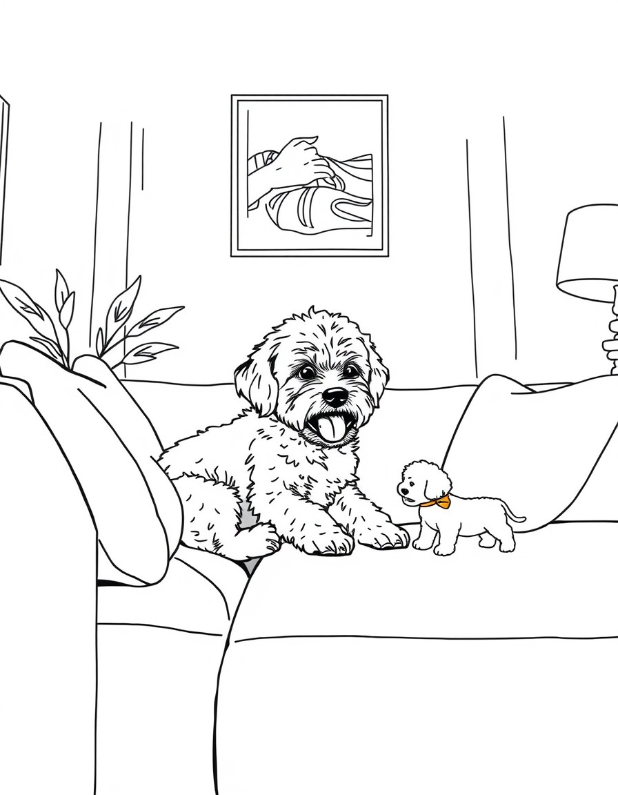 A small scruffy mini poodle laying on a couch in a cozy maximalist styled apartment. A cute 16 month old little girl slowly appraoches him out of curiosity but the poodle is worried.