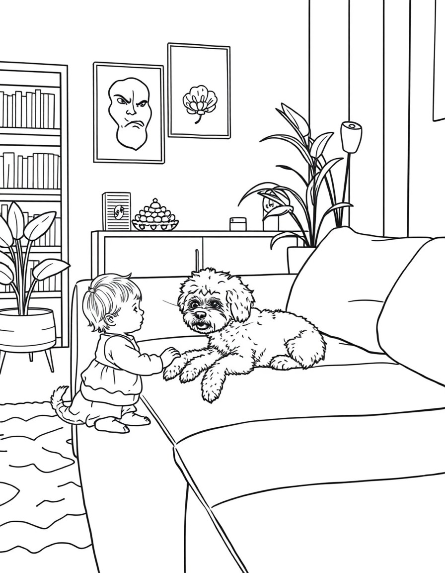 A small scruffy mini poodle laying on a couch in a cozy maximalist styled apartment. A cute 16 month old little girl slowly appraoches him out of curiosity but the poodle is worried.